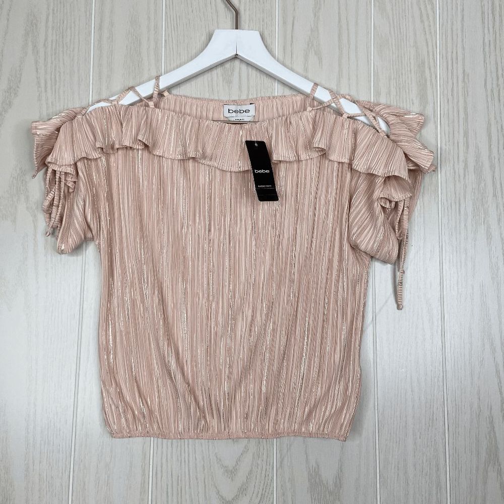 Bebe Women's Cross Detail Ruffle Top Pink Size Small Metallic Striped